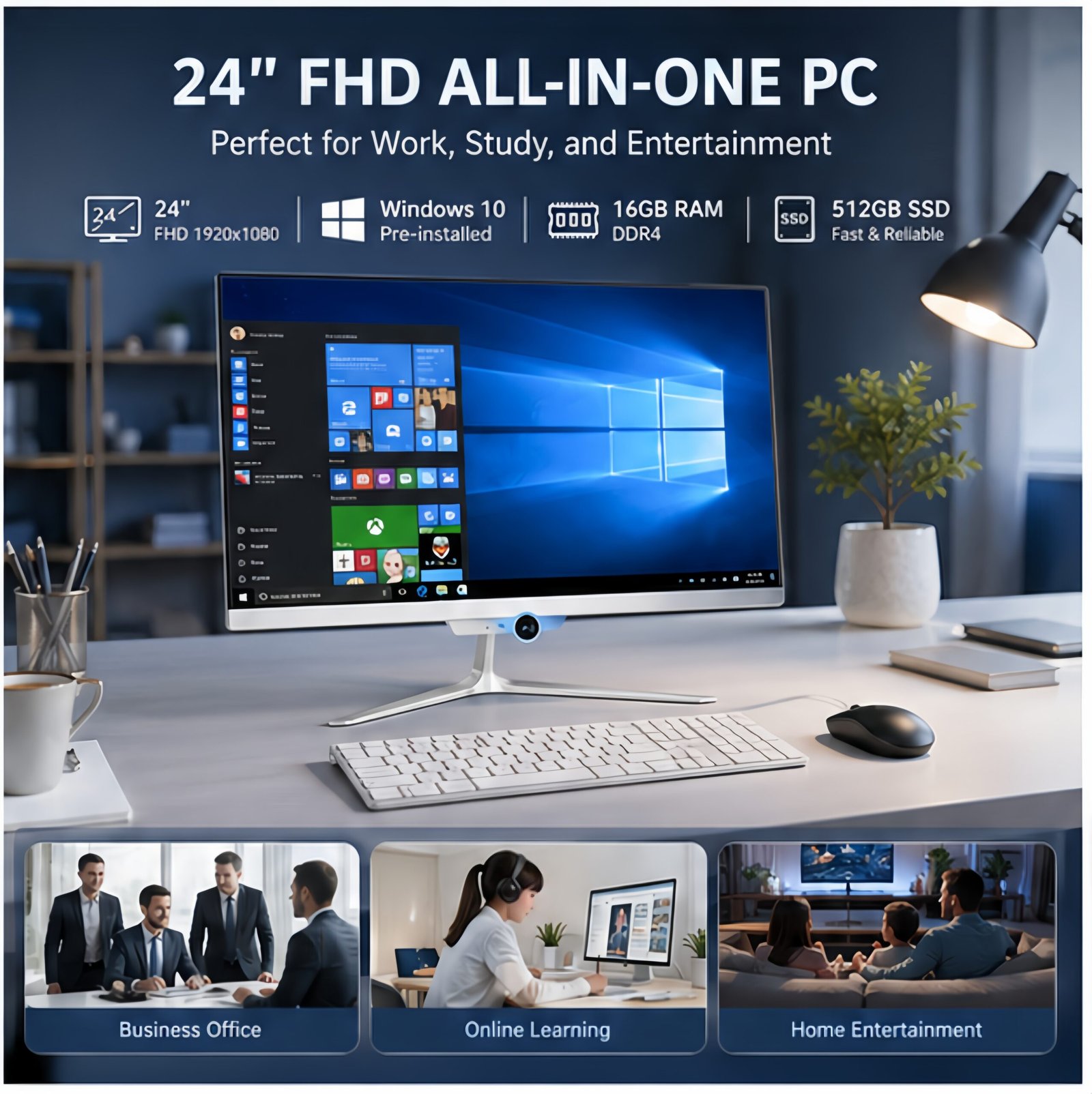 TOEMAAGIC All-in-One Desktop 24" FHD Display Intel Core i5-6500 16GB RAM 512GB SSD Windows 10,Mouse,Keyboard ,White - Image 2